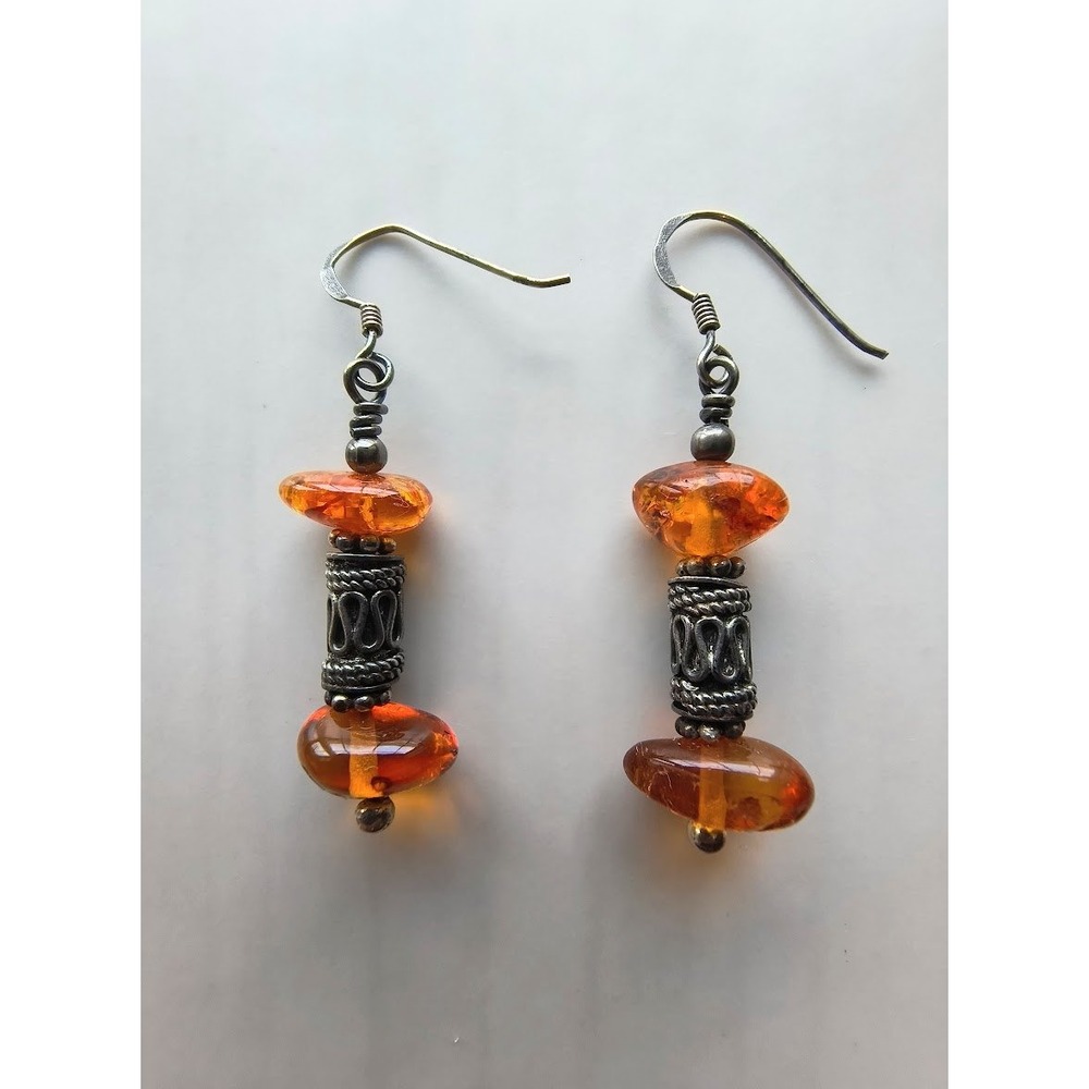 Vtg Sterling Silver Baltic Amber Drop Earrings Cognac Honey Artisan Dangle 925